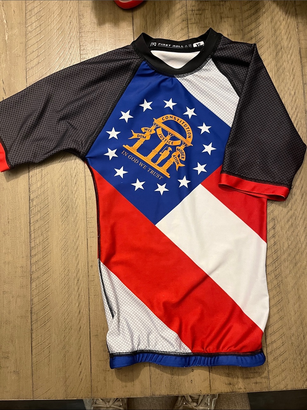 Black/Blue/Red Kid’s Jujitsu Rash Guard with Georgia Seal